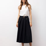 High-Waisted Pleated Midi Skirt - Black