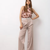 High-Waisted Wide-Leg Trousers with Pleat Detail - Beige