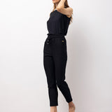 Black Woven High-Waisted Tapered Trousers