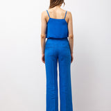 Linen Wide-Leg Trousers with Contrast Stitching - Sax