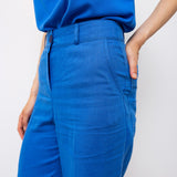Linen Wide-Leg Trousers with Contrast Stitching - Sax