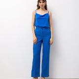 Linen Wide-Leg Trousers with Contrast Stitching - Sax