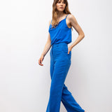 Linen Wide-Leg Trousers with Contrast Stitching - Sax