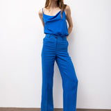Linen Wide-Leg Trousers with Contrast Stitching - Sax