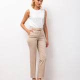 High-Waist Slim Belted Trousers - Beige