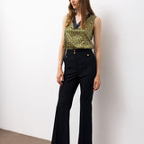 Gold Button Flare Trousers - Black
