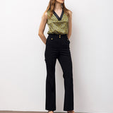 Gold Button Flare Trousers - Black