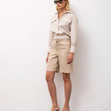 Linen Bermuda Shorts with Tie Waist - Beige