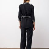 Contrast-Trim Belted Shirt & Wide-Leg Trousers Set – Black