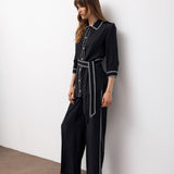 Contrast-Trim Belted Shirt & Wide-Leg Trousers Set – Black