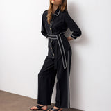 Contrast-Trim Belted Shirt & Wide-Leg Trousers Set – Black