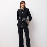 Contrast-Trim Belted Shirt & Wide-Leg Trousers Set – Black