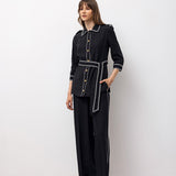 Contrast-Trim Belted Shirt & Wide-Leg Trousers Set – Black