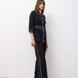 Contrast-Trim Belted Shirt & Wide-Leg Trousers Set – Black