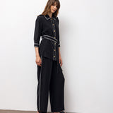 Contrast-Trim Belted Shirt & Wide-Leg Trousers Set – Black