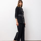 Contrast-Trim Belted Shirt & Wide-Leg Trousers Set – Black