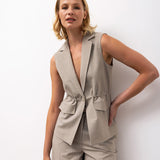 Sleeveless Flap Pocket Blazer & Wide-Leg Trousers Set - Mink