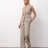 Sleeveless Flap Pocket Blazer & Wide-Leg Trousers Set - Mink