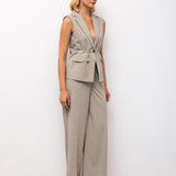 Sleeveless Flap Pocket Blazer & Wide-Leg Trousers Set - Mink