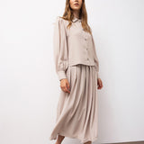 Buttoned Blouse & Pleated Midi Skirt Set - Beige