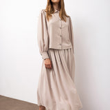 Buttoned Blouse & Pleated Midi Skirt Set - Beige