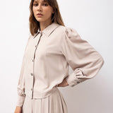Buttoned Blouse & Pleated Midi Skirt Set - Beige
