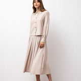 Buttoned Blouse & Pleated Midi Skirt Set - Beige