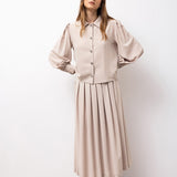 Buttoned Blouse & Pleated Midi Skirt Set - Beige