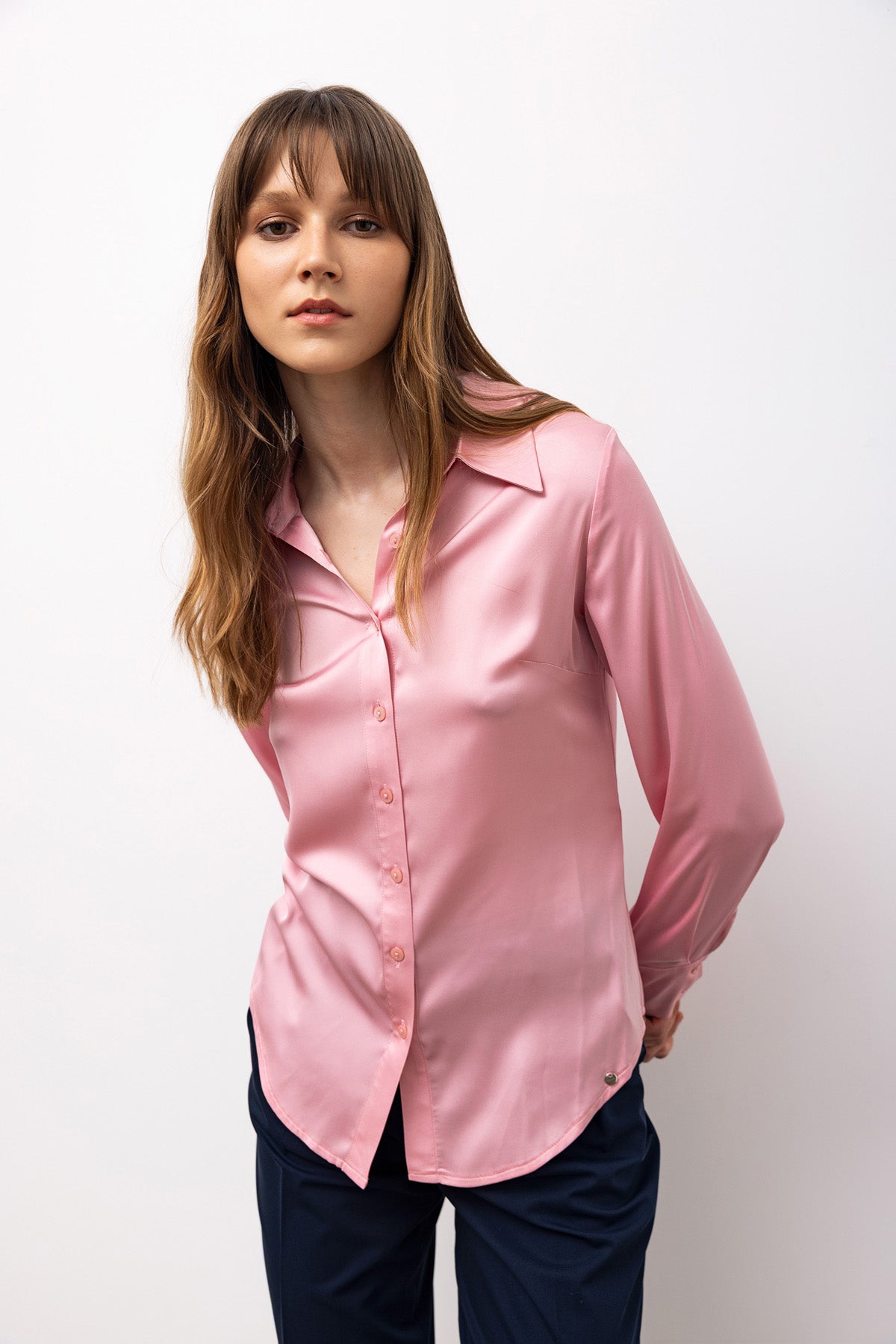 Saten Uzun Kollu Bluz - Pembe