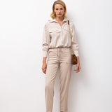 Striped Button-Down Shirt with Elastic Hem - Beige