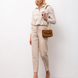 Striped Button-Down Shirt with Elastic Hem - Beige