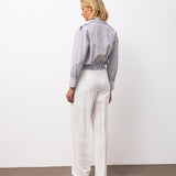 Striped Button-Down Shirt with Elastic Hem - Gray