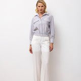 Striped Button-Down Shirt with Elastic Hem - Gray