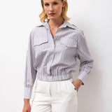 Striped Button-Down Shirt with Elastic Hem - Gray