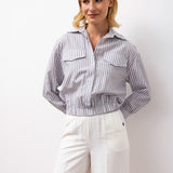 Striped Button-Down Shirt with Elastic Hem - Gray