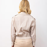 Striped Button-Down Shirt with Elastic Hem - Beige