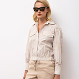 Striped Button-Down Shirt with Elastic Hem - Beige
