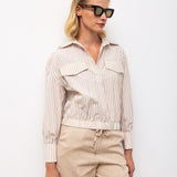Striped Button-Down Shirt with Elastic Hem - Beige